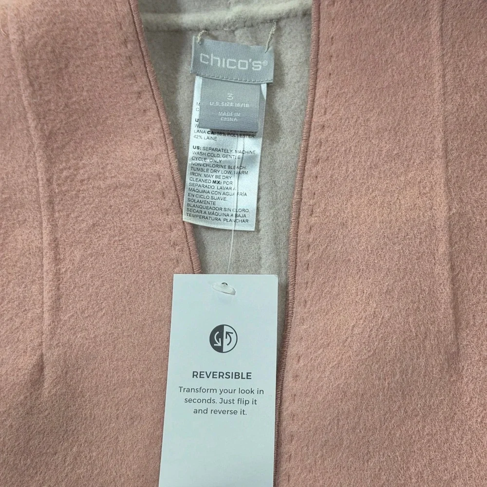 Chico's Reversible Jacket Womens 3 Pink Beige NWT Wool Blend Open Front Jacket